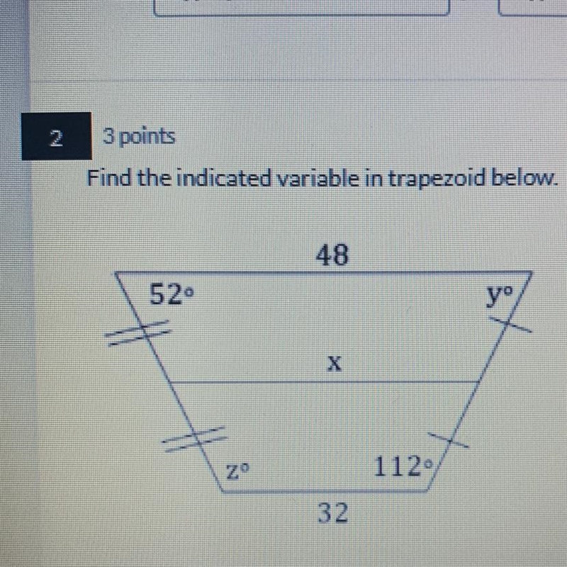 Find the indicated variable in the trapezoid below. NEED TO FIND x,y, and z-example-1