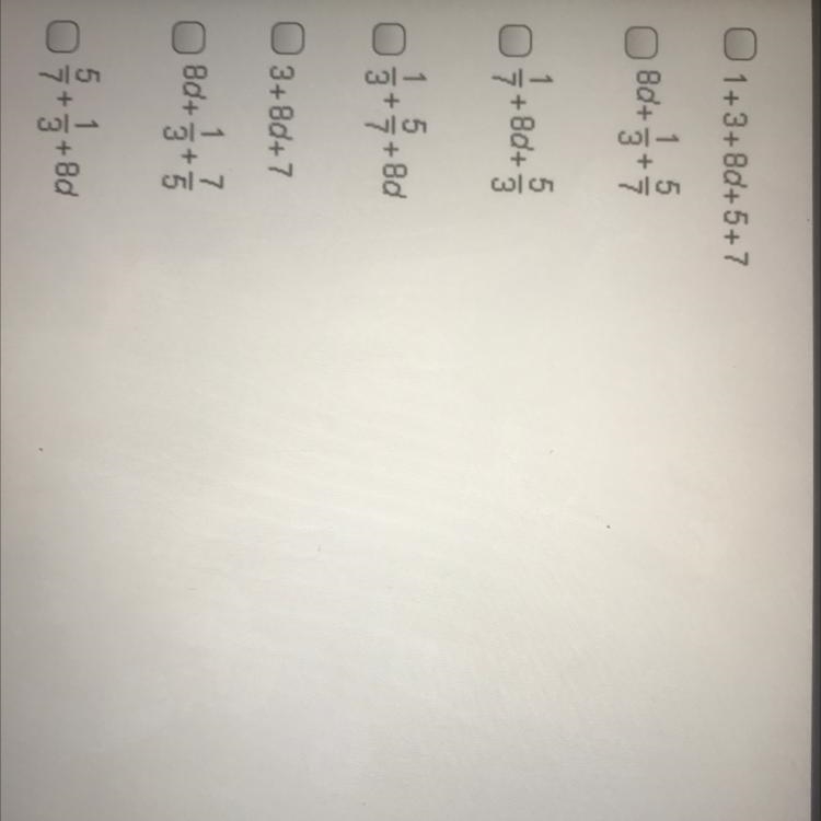 Which expressions are equivalent to 1/3+Bd+5/7? Check all that apply-example-1