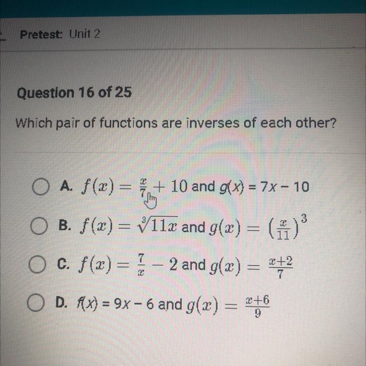 Which pair of functions are inverses of each other? Wanting to make sure of answers-example-1