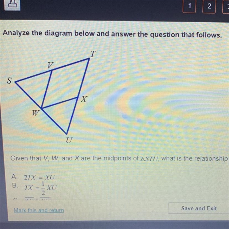 Given that V, W, and X are the midp oints of ASTU, what is the relationship between-example-1