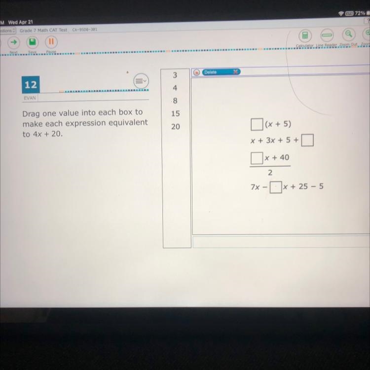 3 Delete 12 4 EVAN 8 15 Drag one value into each box to make each expression equivalent-example-1