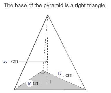 The base of the pyramid is a right triangle The volume is ____ cubic cm.-example-1