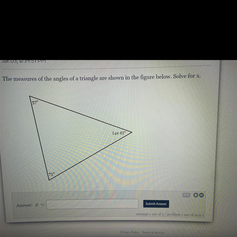 The measures of the angles of a triangle are shown in the figure below. Solve for-example-1