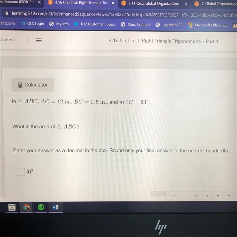 In triangle ABC, AC=12 in., BC= 1.5in., and m-example-1