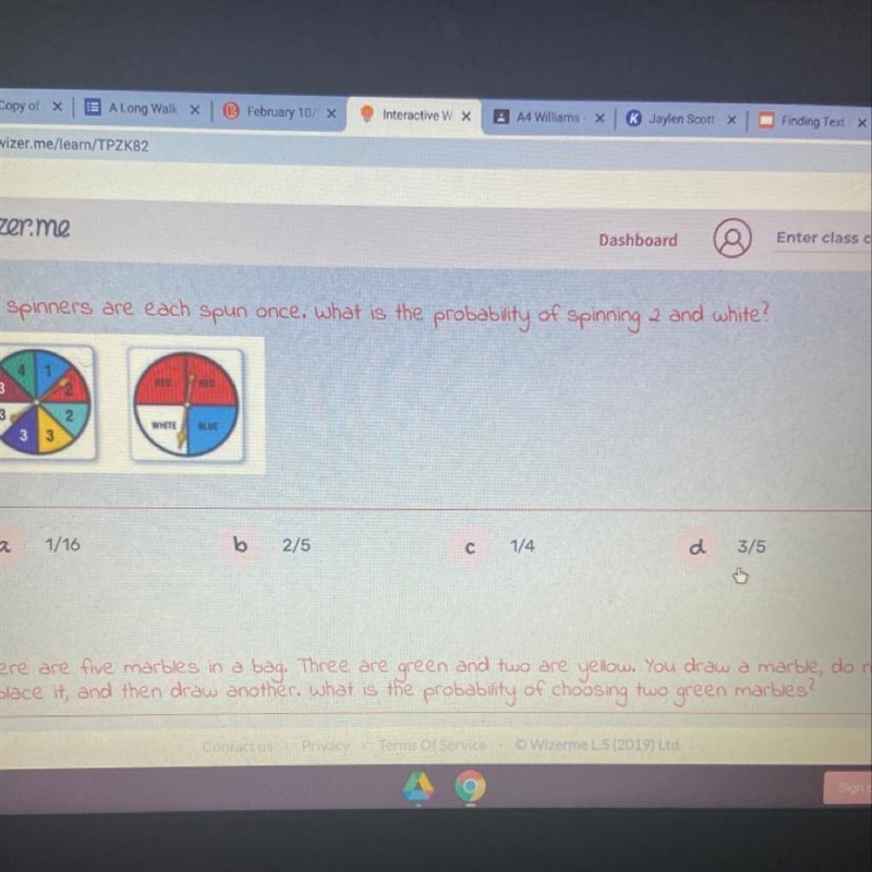 The spinners are each spun once. what is the probability of spinning 2 and white? A-example-1