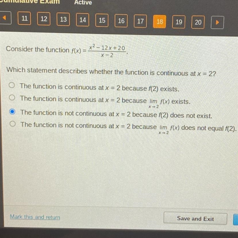 Which statement describes whether the function is continuous at x = 2? O The function-example-1