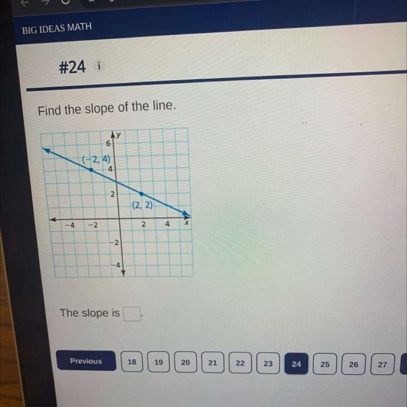 Find the slope of the line. Ay 6 -2, 4) ( 4 2 (2, 2) -4 -2 2 4 Х -2 4 The slope is-example-1