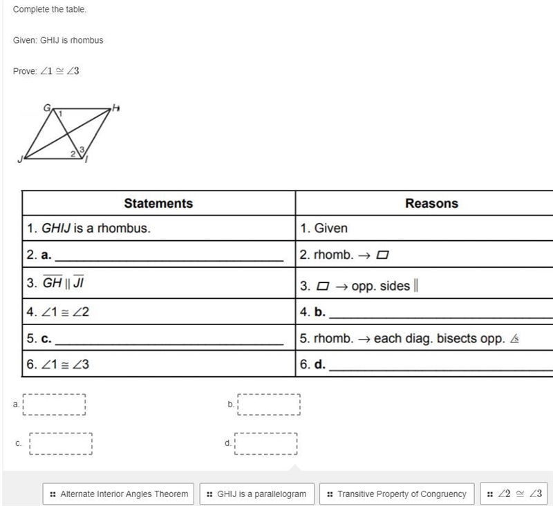 Complete the table. Given: GHIJ is rhombus Prove: ∠1≅∠3-example-1