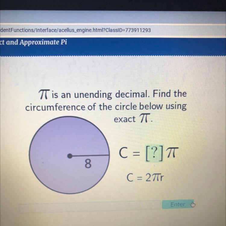 TT is an unending decimal. Find the circumference of the circle below using exact-example-1