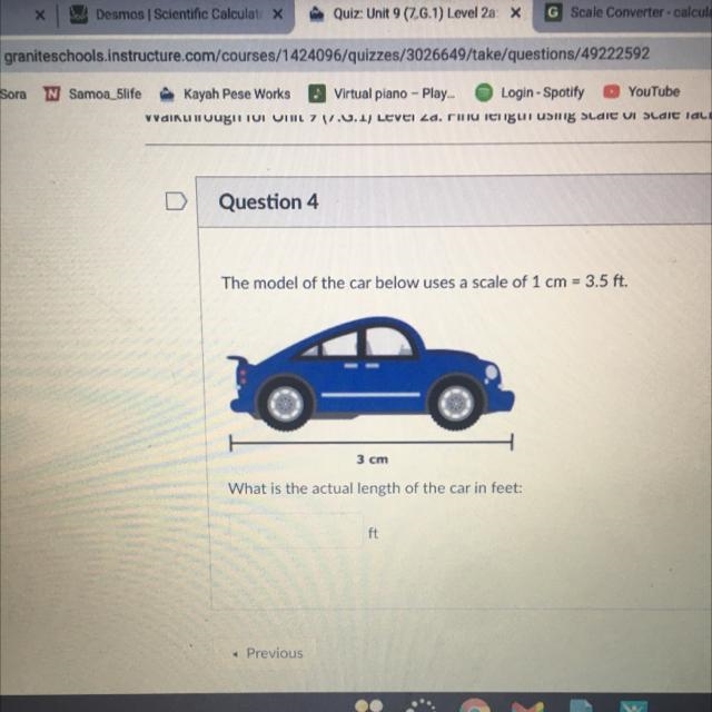 The model of the car below uses a scale of 1 cm = 3.5 ft. 3 cm What is the actual-example-1