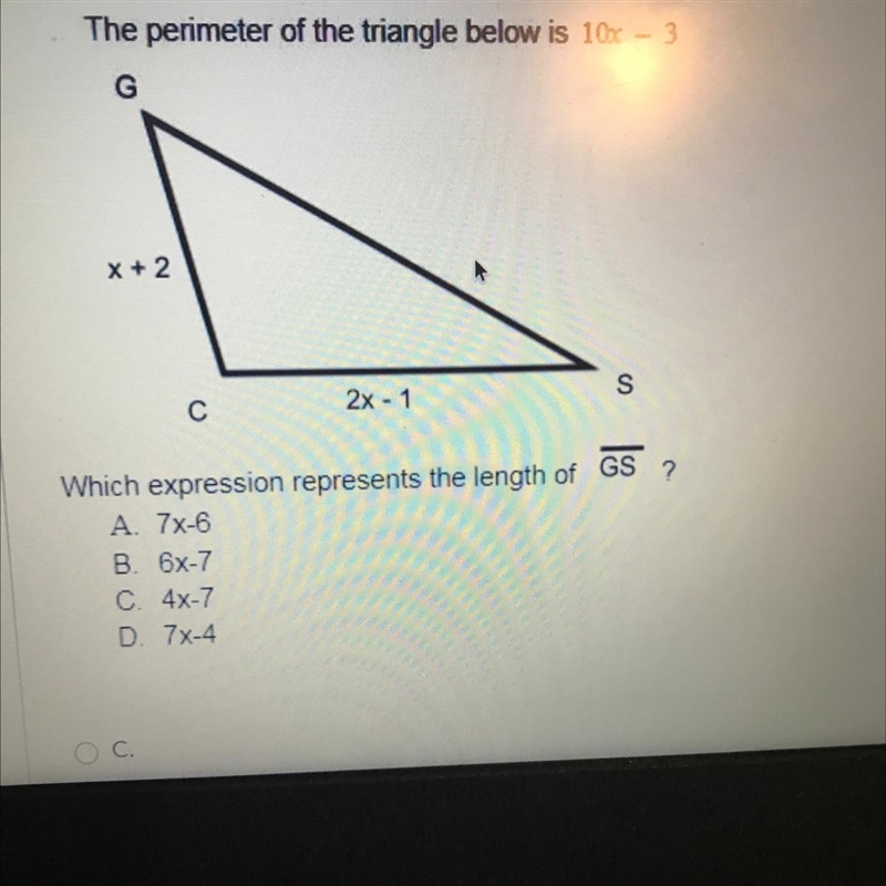 The perimeter of the triangle below is 10x - 3 Show how to solve-example-1