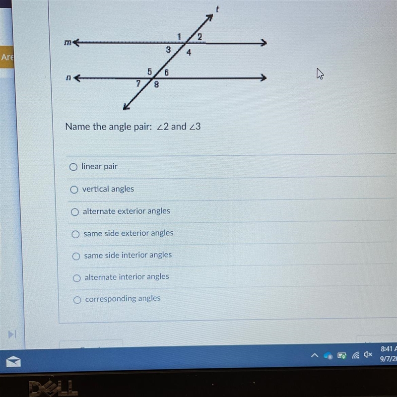 Question 2,Name the angle pair 2 and 3 ( in picture)-example-1