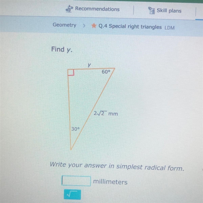 Find Y Special right triangles Please last question of the day!! Due in 20 min!-example-1