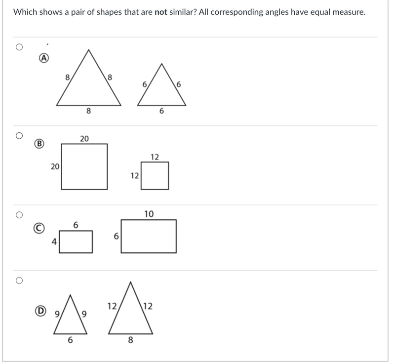 Which shows a pair of shapes that are not similar? All corresponding angles have equal-example-1