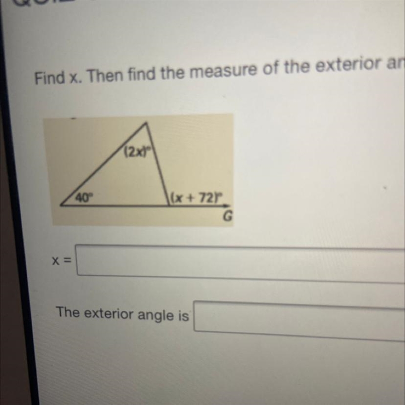 Find x and then find the measure of the exterior angle-example-1