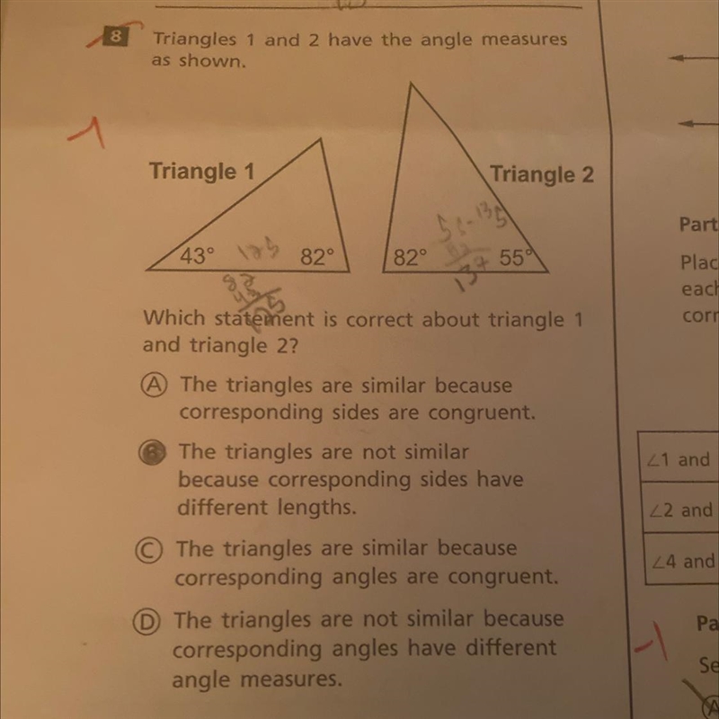 Triangles 1 and 2 have the angle measures as shown. Triangle 1 Triangle 2 1430 186 820 82° 550 Which-example-1