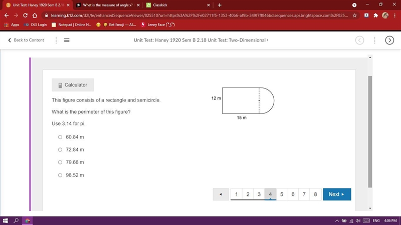 This figure consists of a rectangle and semicircle. What is the perimeter of this-example-1