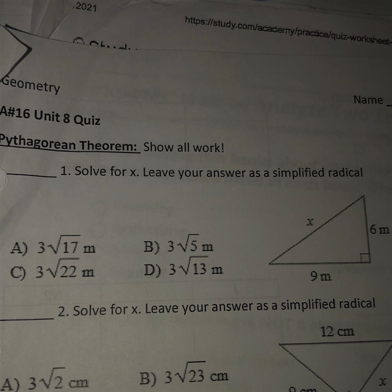 Solve for x leave your answers as a simplified radical-example-1