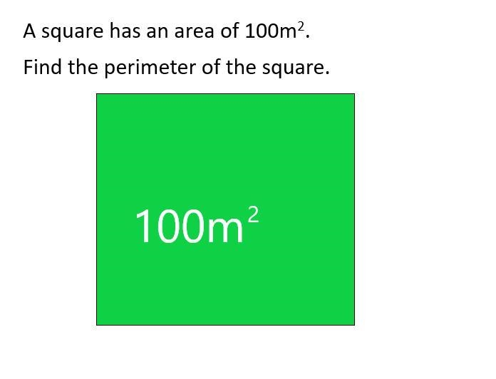 A square has an area of 100m2 (100m squared) What’s the perimeter of the square? Write-example-1