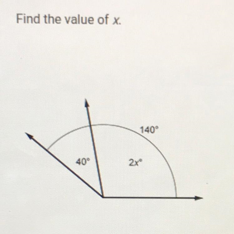 Find the value of x. 140° 40 2x A. 50 B. 90 C. 20 D. 70-example-1