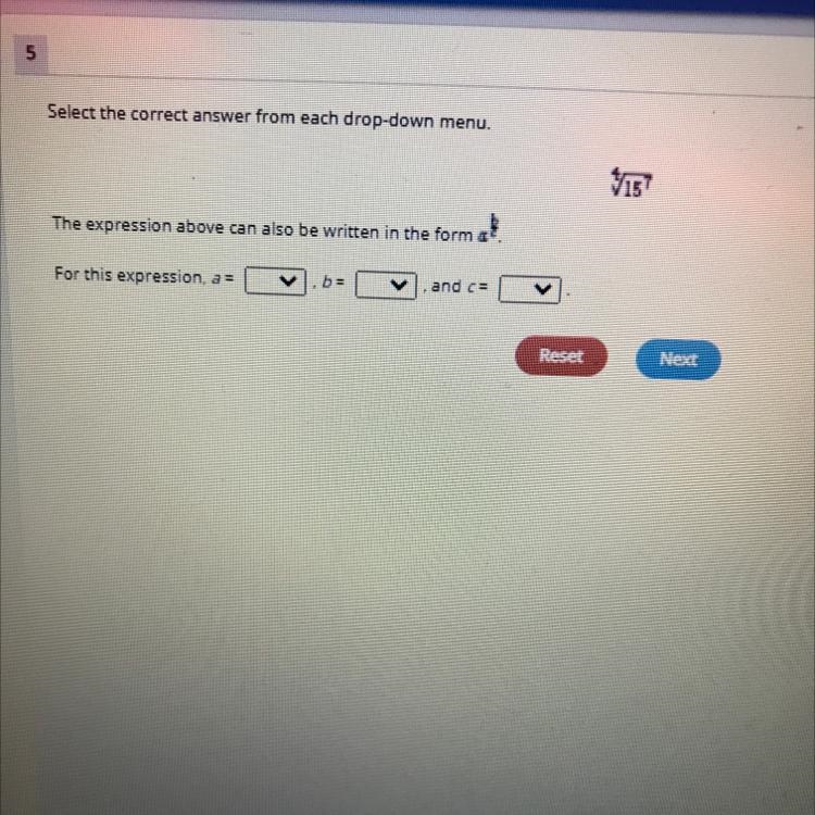 Select the correct answer from each drop down menu. The square root of 15 look at-example-1