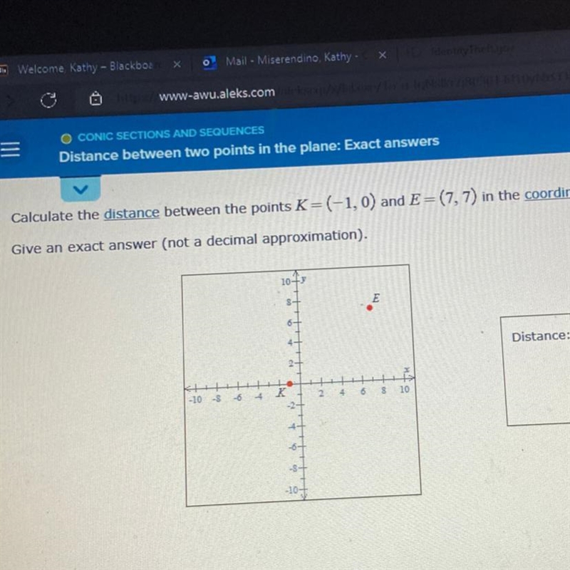 Calculate the distance between the points K=(-1,0) and E=(7,7) in the coordinate plane-example-1