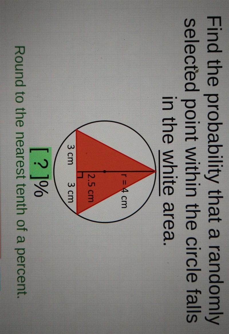 PLEASE HELPP!!!! Find the probability that a randomly selected point within the circle-example-1