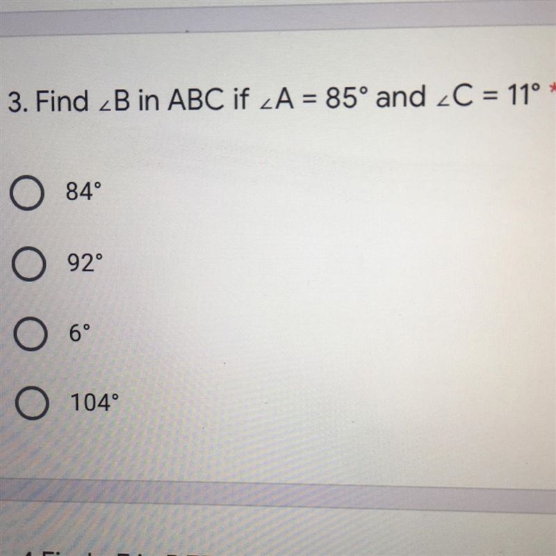 Find ∠B in ABC if ∠A = 85° and ∠C = 11°-example-1