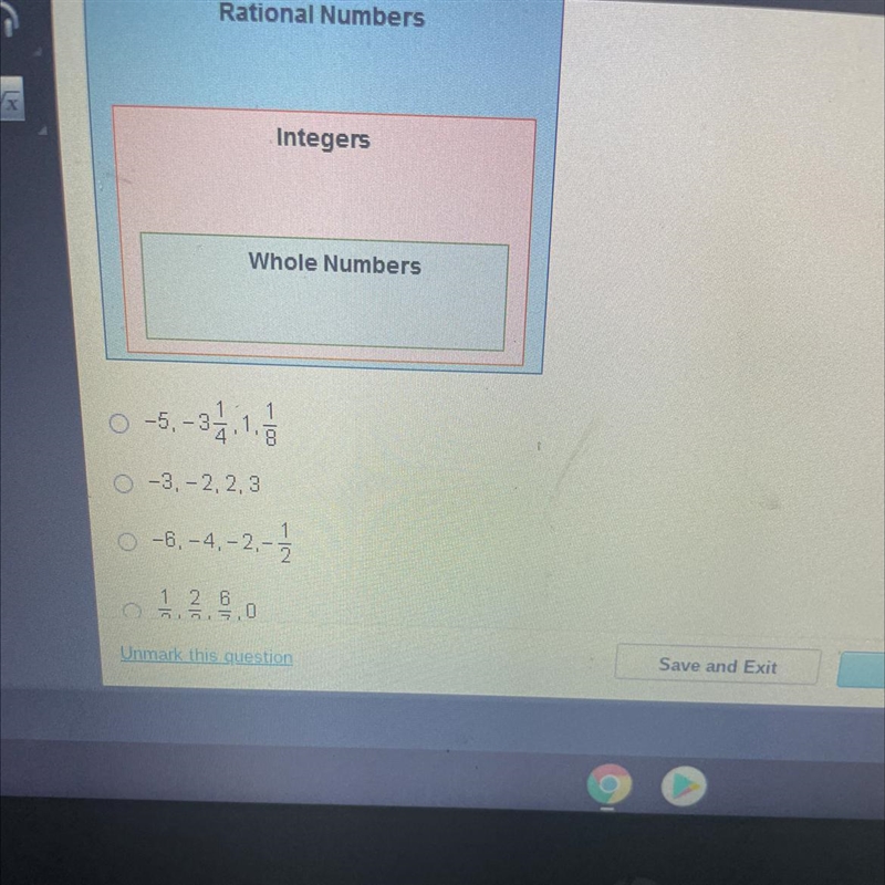 Which set of numbers includes only integers? Rational Numbers Integers Whole Numbers-example-1