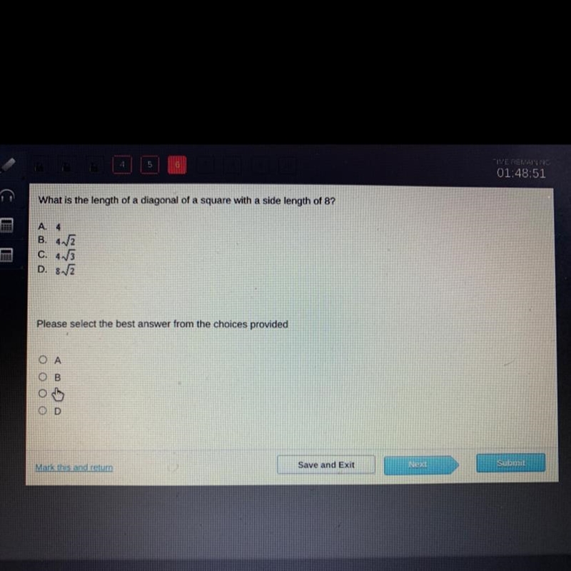 What is the length of a diagonal of a square with a side length of 8? A. 4 B. 42 C-example-1