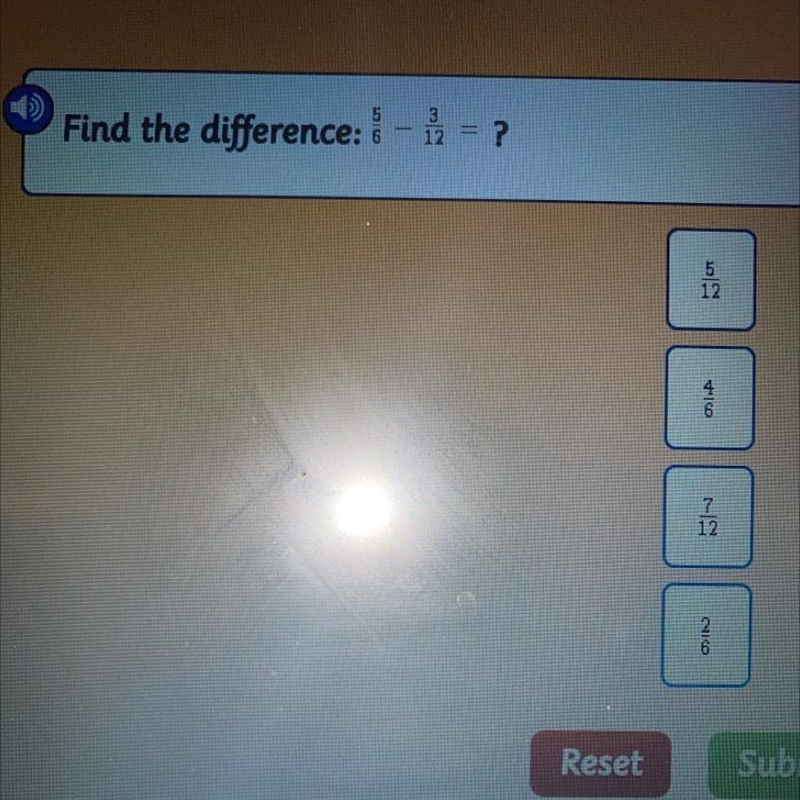 Find the difference: 5/6 - 3/12 = ?-example-1