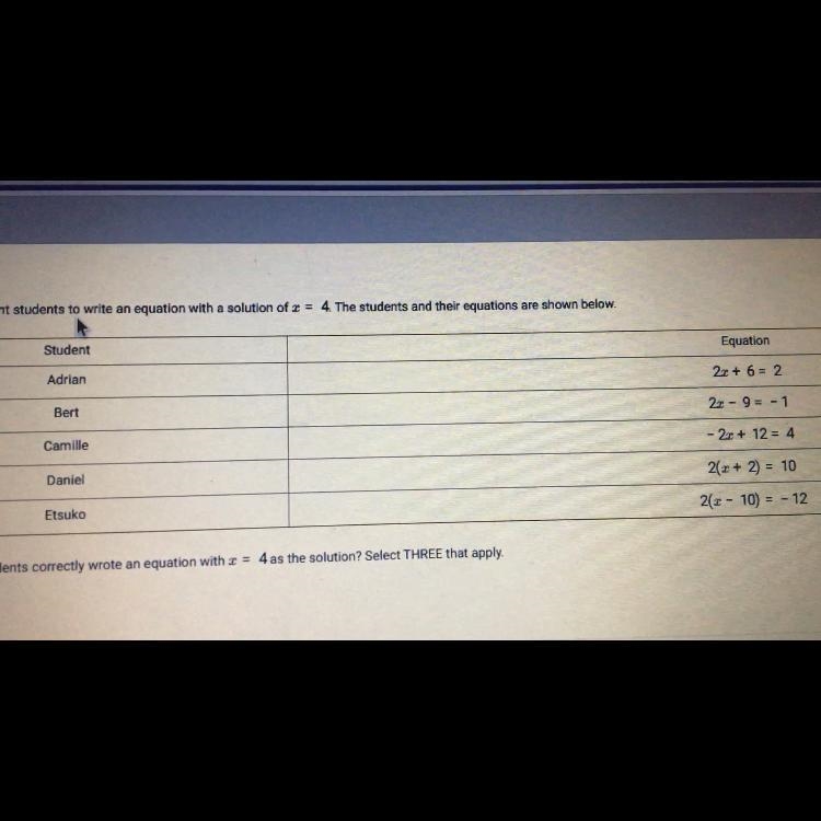 Help!! a teacher asks five students to write an equation with a solution of x= 4 . the-example-1