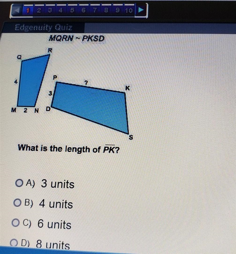 MQRN – PKSD h K 13 MEN D S What is the length of PK? A) 3 units B) 4 units C) 6 units-example-1