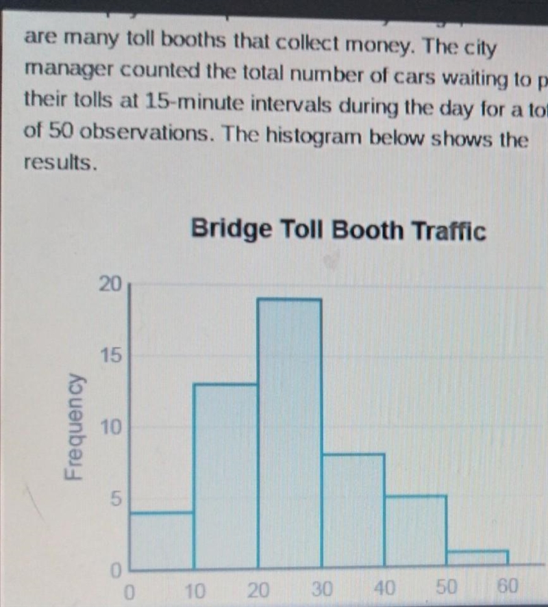 Which interval contains the median number of cars in line? Drivers pay a toll to pass-example-1