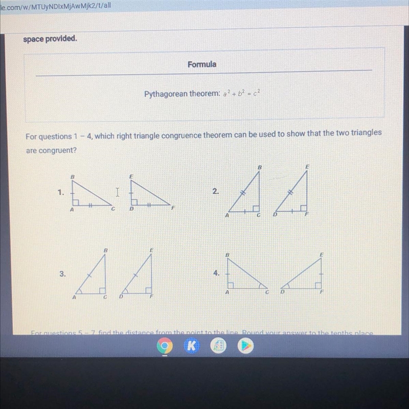 For questions 1 - 4, which right triangle congruence theorem can be used to show that-example-1