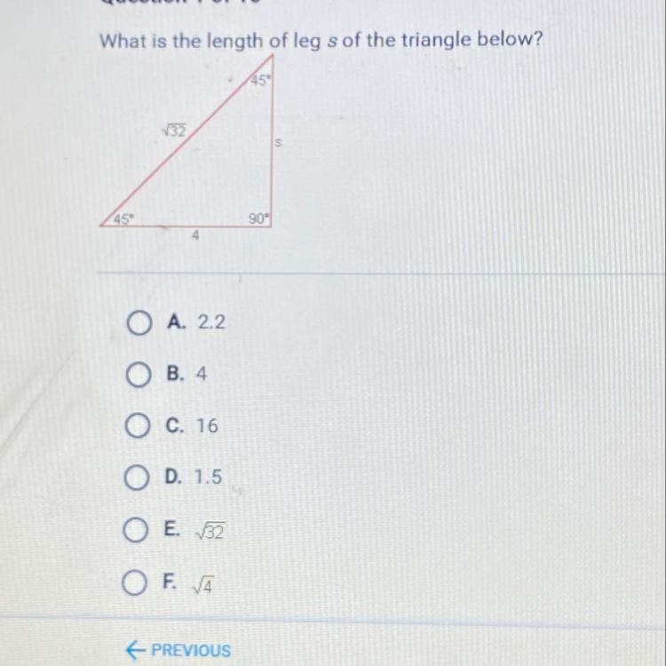 PLEASE HELP!! 30 POINTS What is the length of leg s of the triangle below? 45° 132 s-example-1