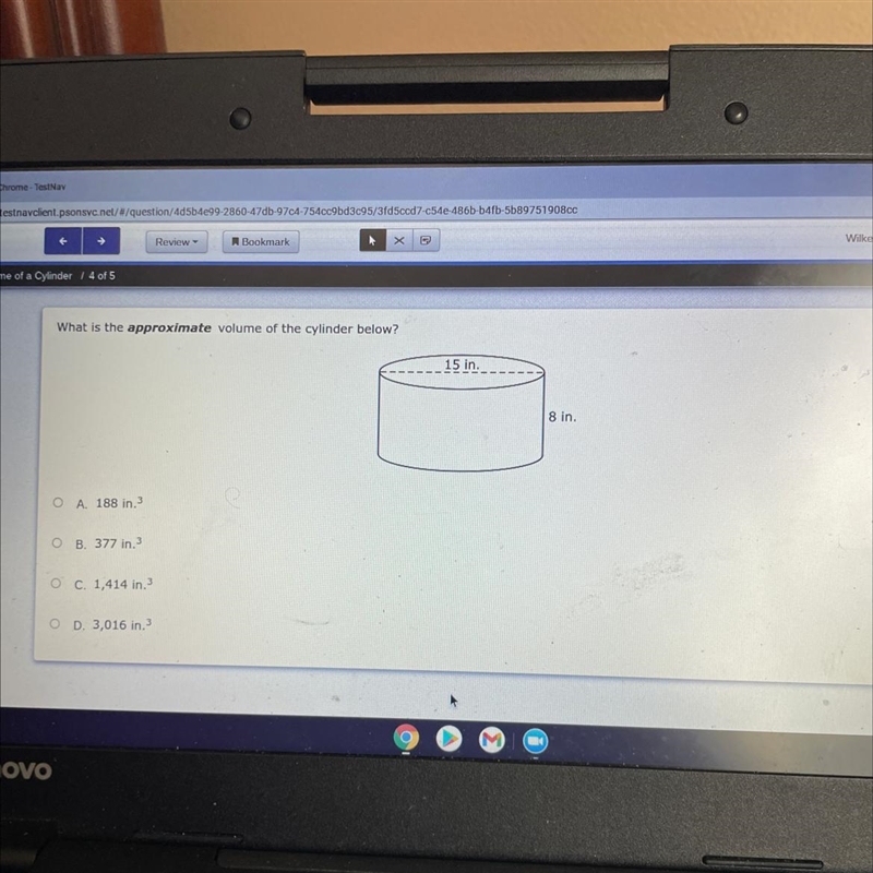 What is the approximate volume of the cylinder below? 15 in 8 in. O A 188 in O B. 377 in-example-1