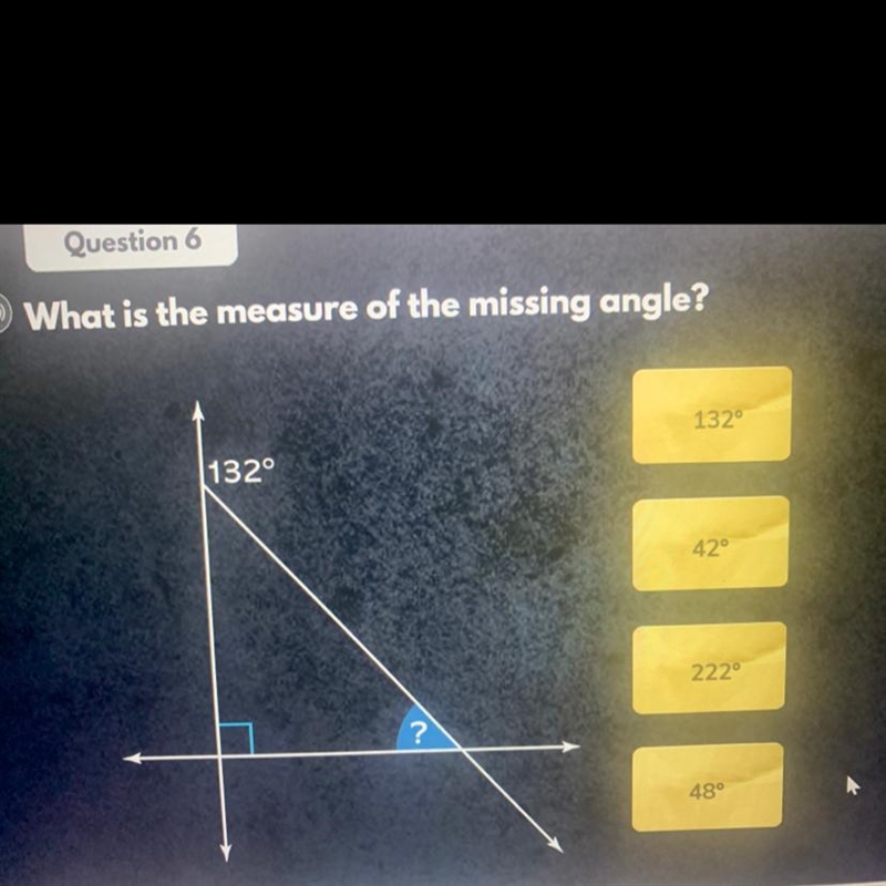 What is the measure of the missing angle?-example-1