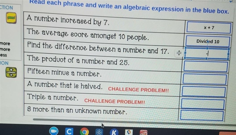 Read each phrase and write ab algebraic expression in the blue box.​-example-1