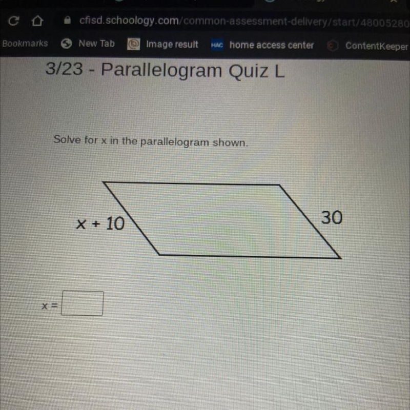 Solve for x in the parallelogram shown. 30 X + 10 x=-example-1