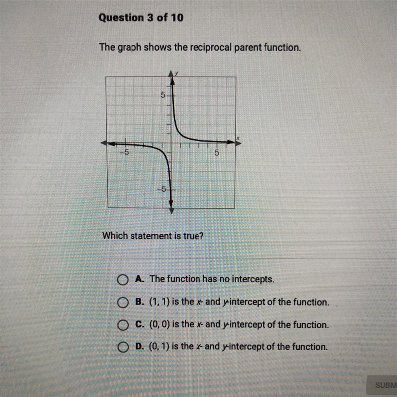 The graph shows the reciprocal parent function. Which statement is true? A. The function-example-1