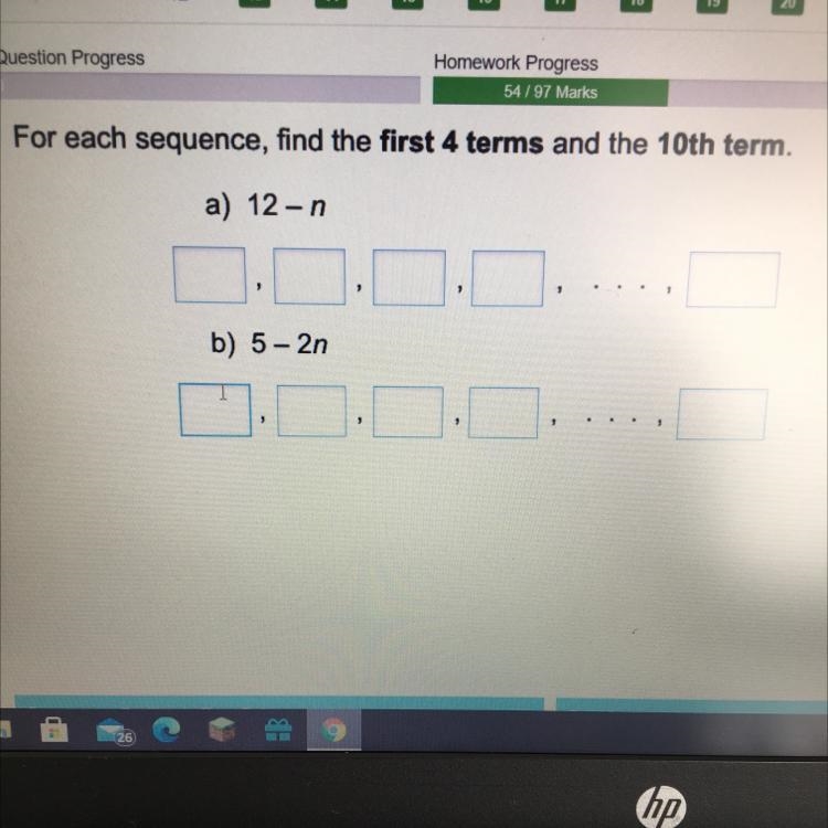 For each sequence, find the first 4 terms and the 10th term. a) 12-n B 5 - 2n-example-1