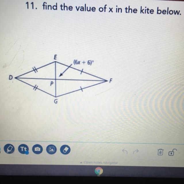 11. find the value of x in the kite below. E (6x + 6) F Р G-example-1