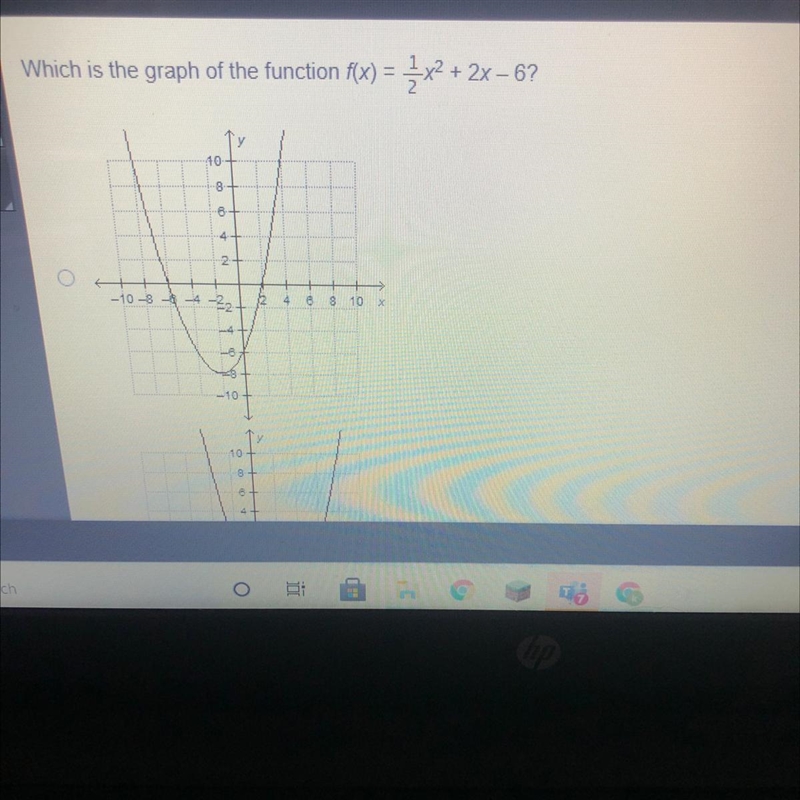 Which is the graph of the function f(x) = 1/2x^2 + 2x – 6?-example-1