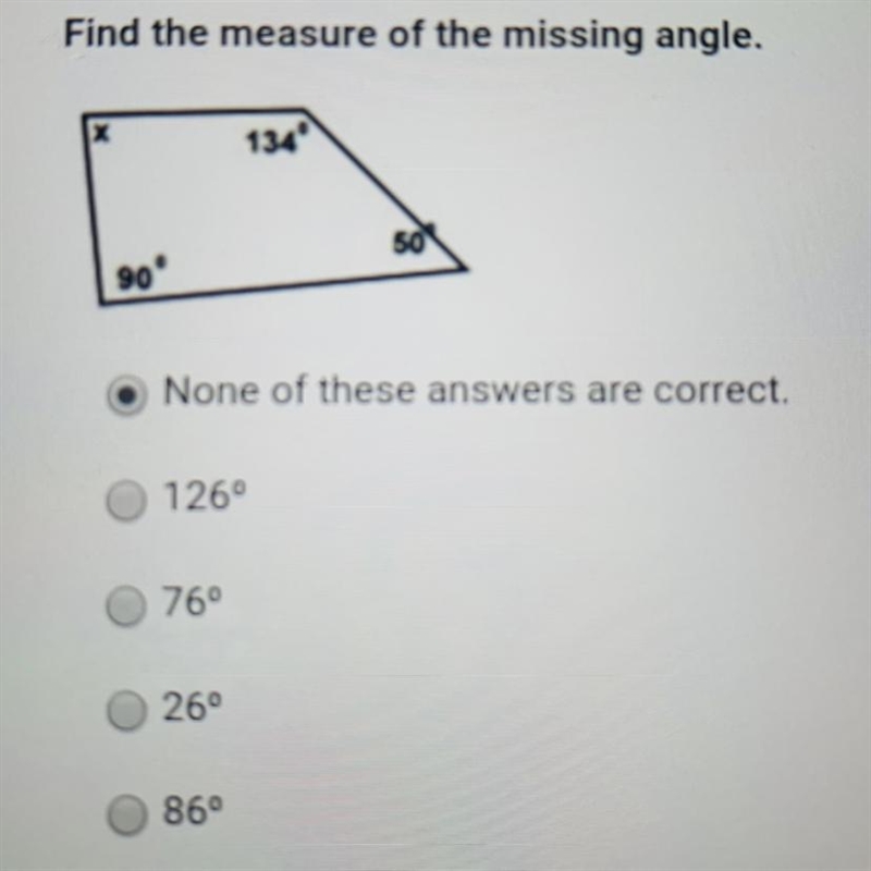 PLSSS HELLPPPPP!!!!!!! Find the measure of the missing angle.-example-1