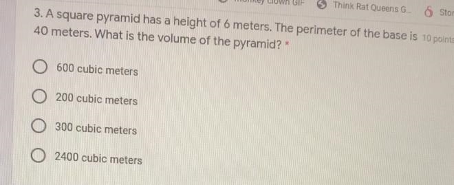 A square pyramid has a height of 6 meters the perimeter of the base is 40 meters what-example-1