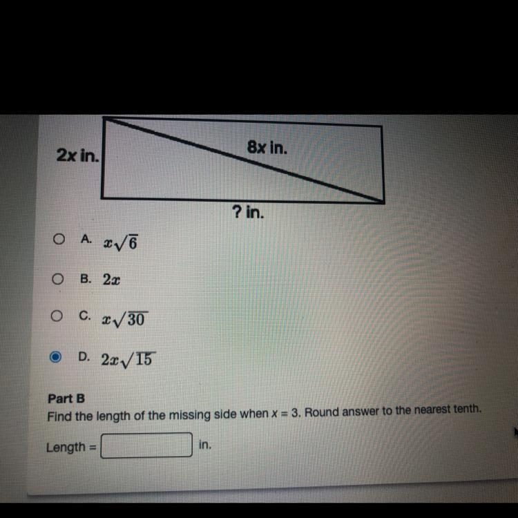 Find the length of the missing side when x=3. Round the answer to the nearest tenth-example-1