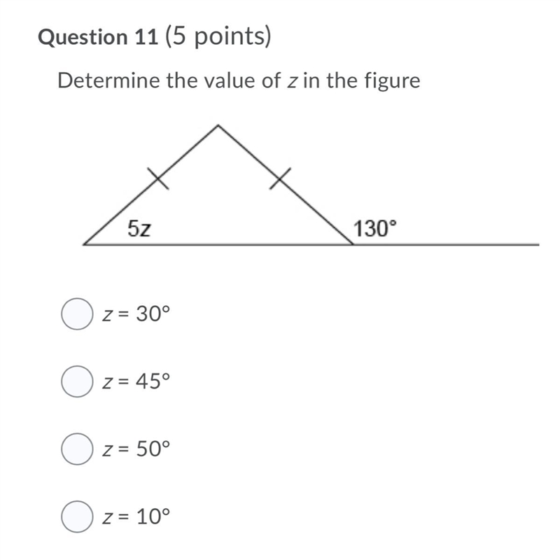 Determine the value of z in the figure 5z 130° A.Z = 30° B.Z = 45° C.z = 50° D.Z = 10°-example-1