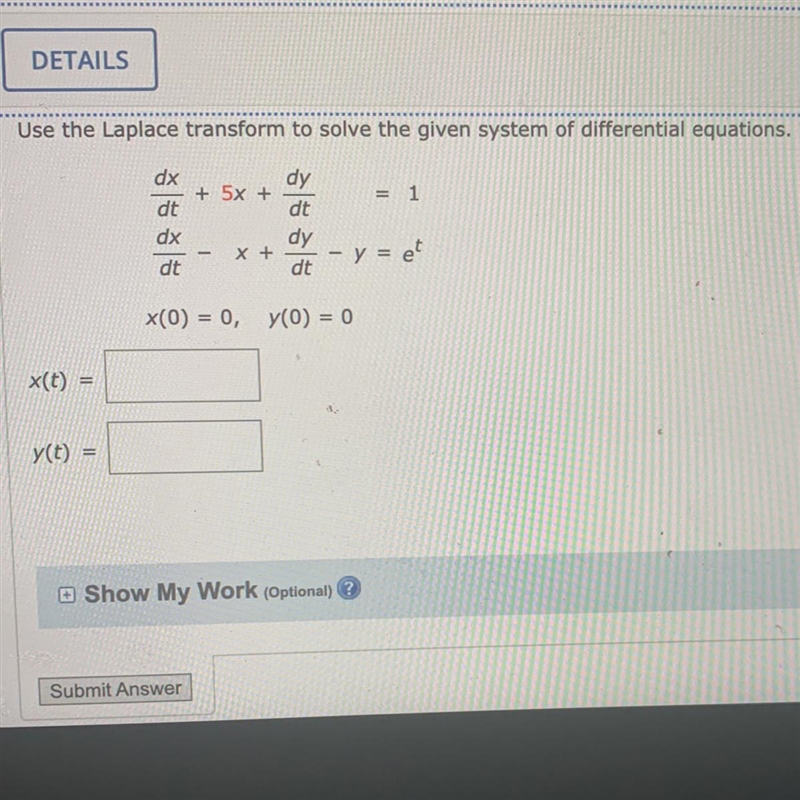 Use the Laplace transform to solve the given system of differential equations.-example-1