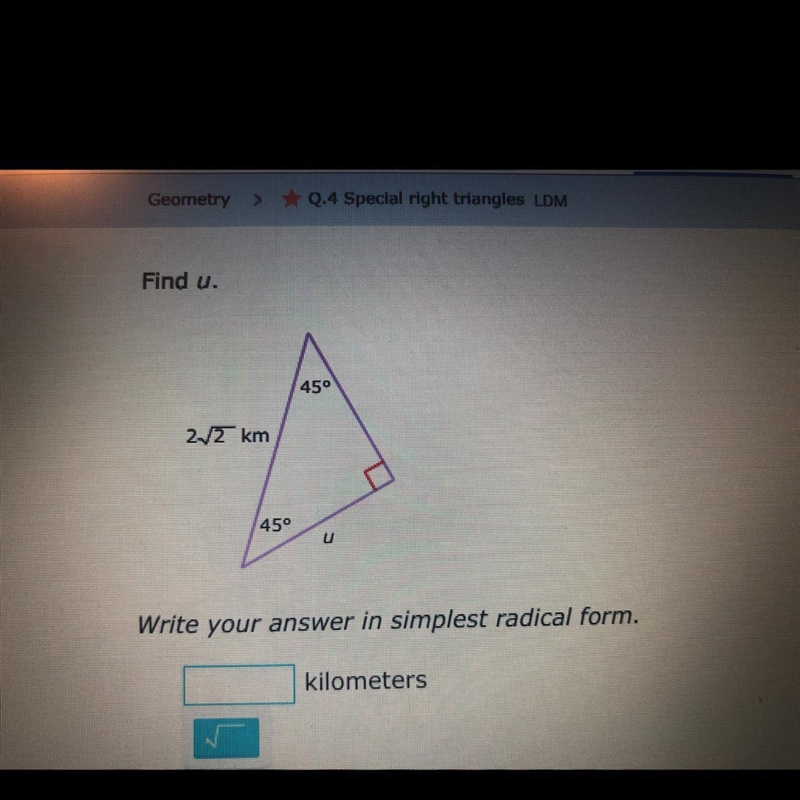 Special right triangles. Find u. Please help due in 30 min!-example-1